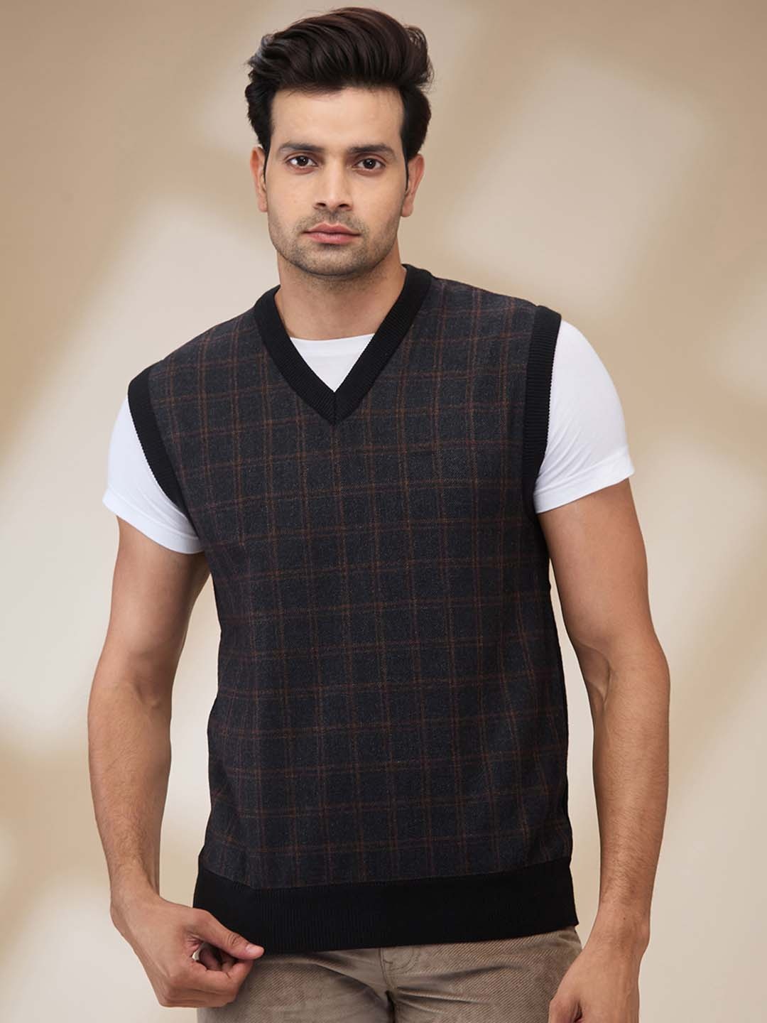 

ColorPlus Men Checked Sweater Vest, Blue