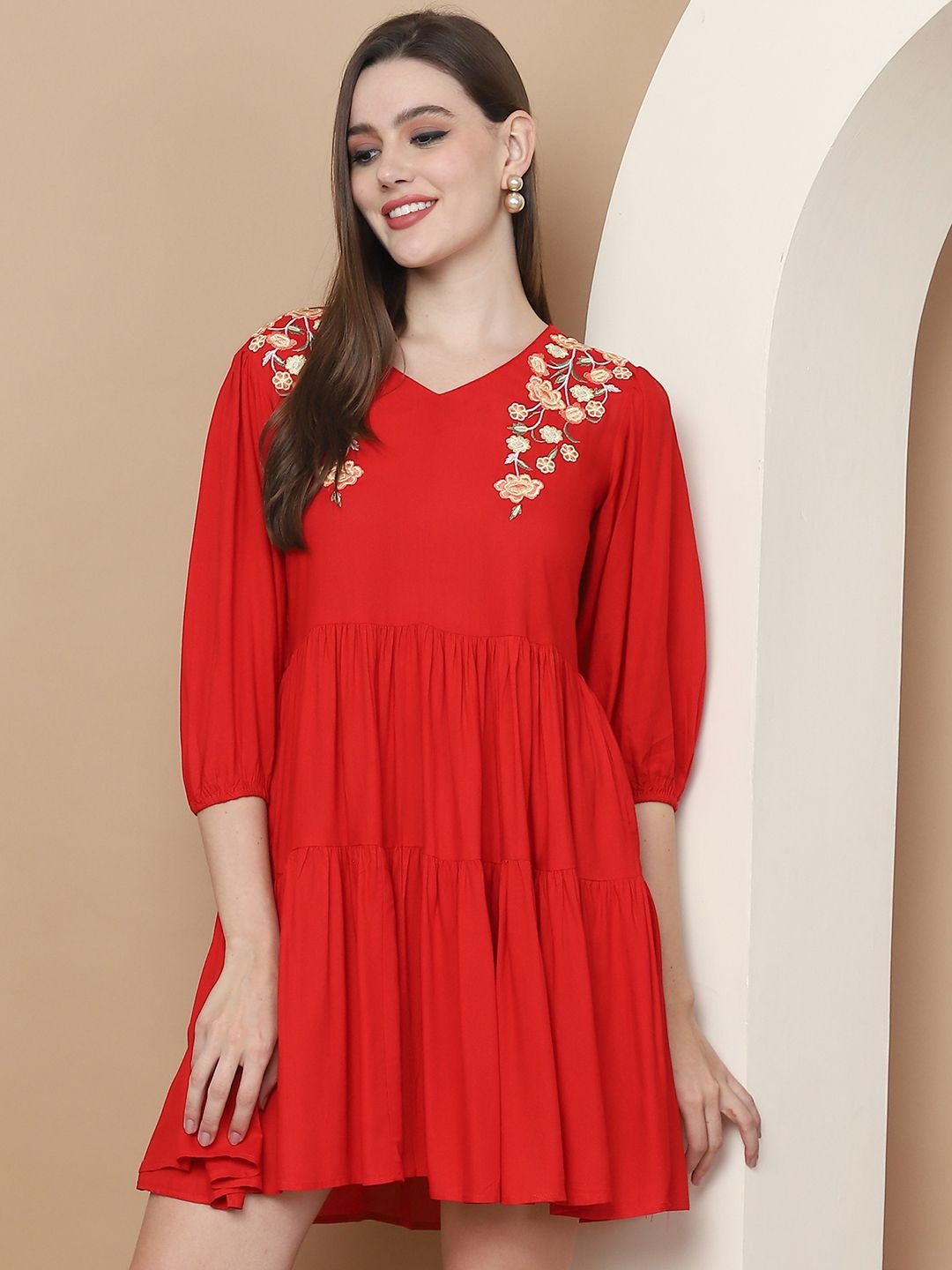 

Indian Needle Women Floral Embroidered Puff Sleeve A-Line Dress, Red