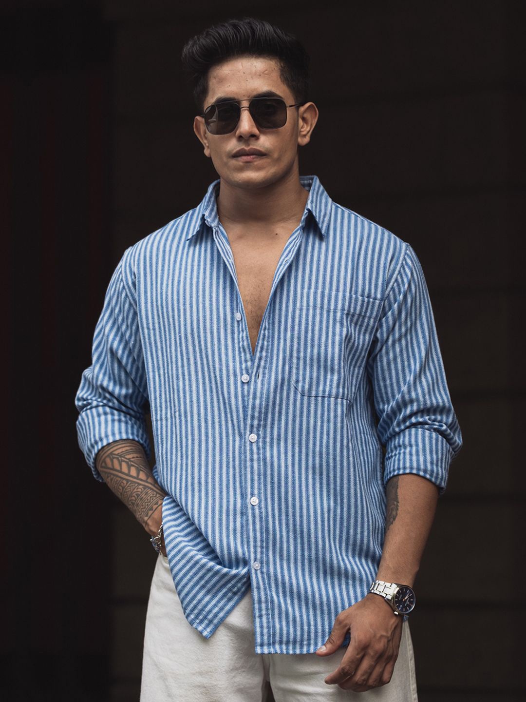 

Powerlook Men Spread Collar Vertical Striped Cotton Casual Shirt, Blue