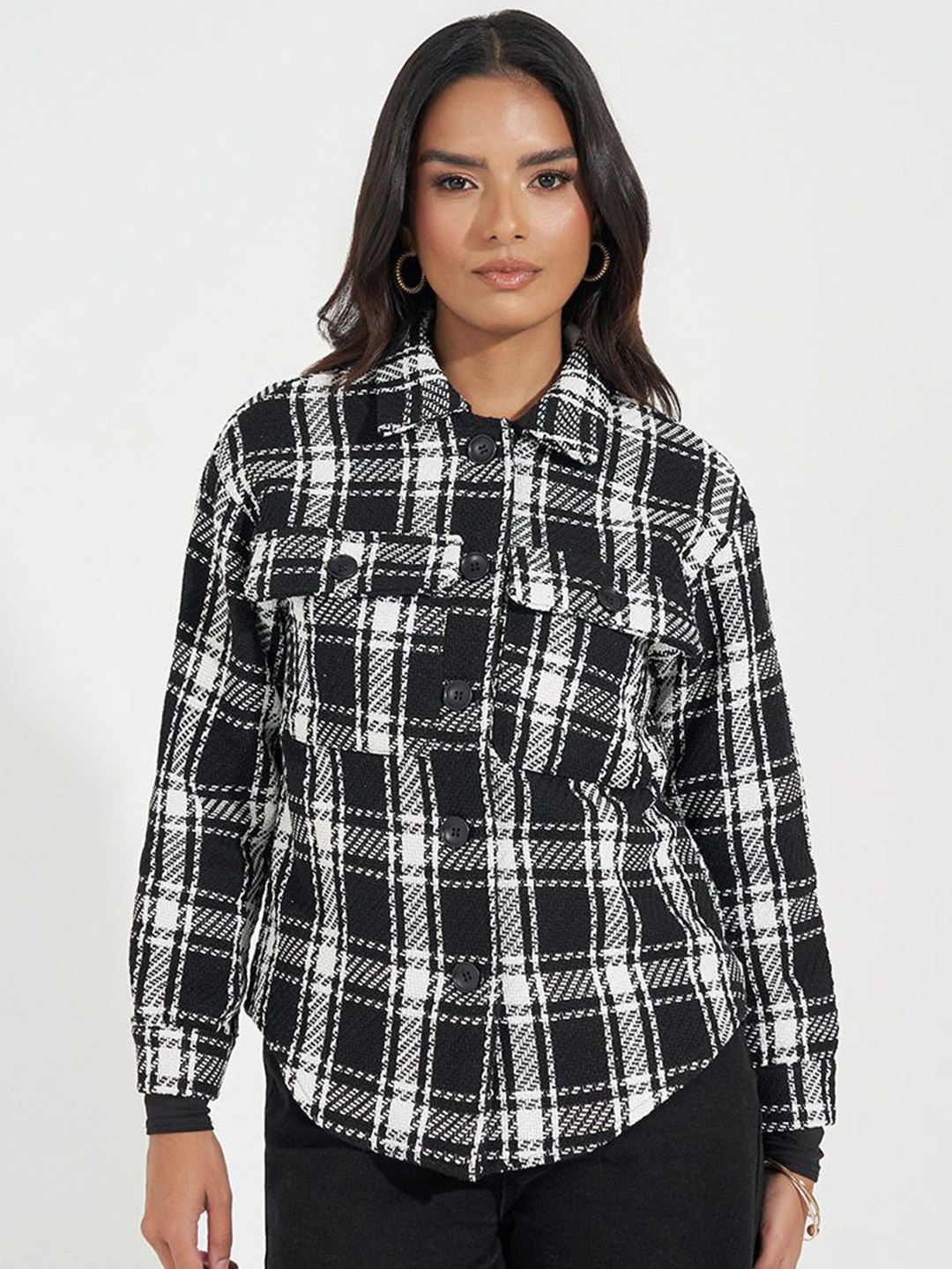 

Styli Women Oversized Fit Longline Checked Shacket, Black