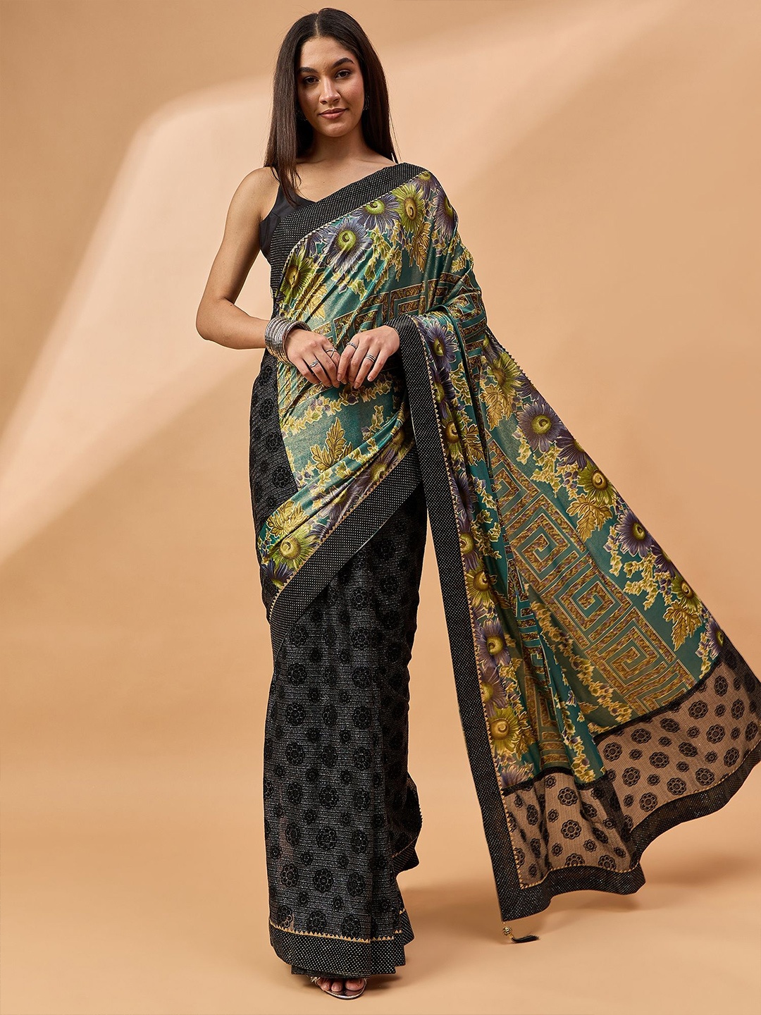 

all about you Floral Printed Embellished Zari Designer Celebrity Saree, Black