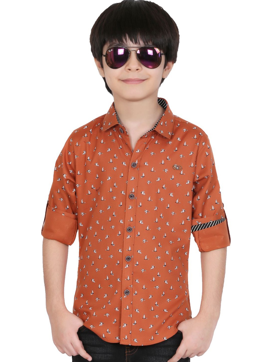 

MashUp Boys Classic Spread Collar Conversational Printed Cotton Casual Shirt, Rust