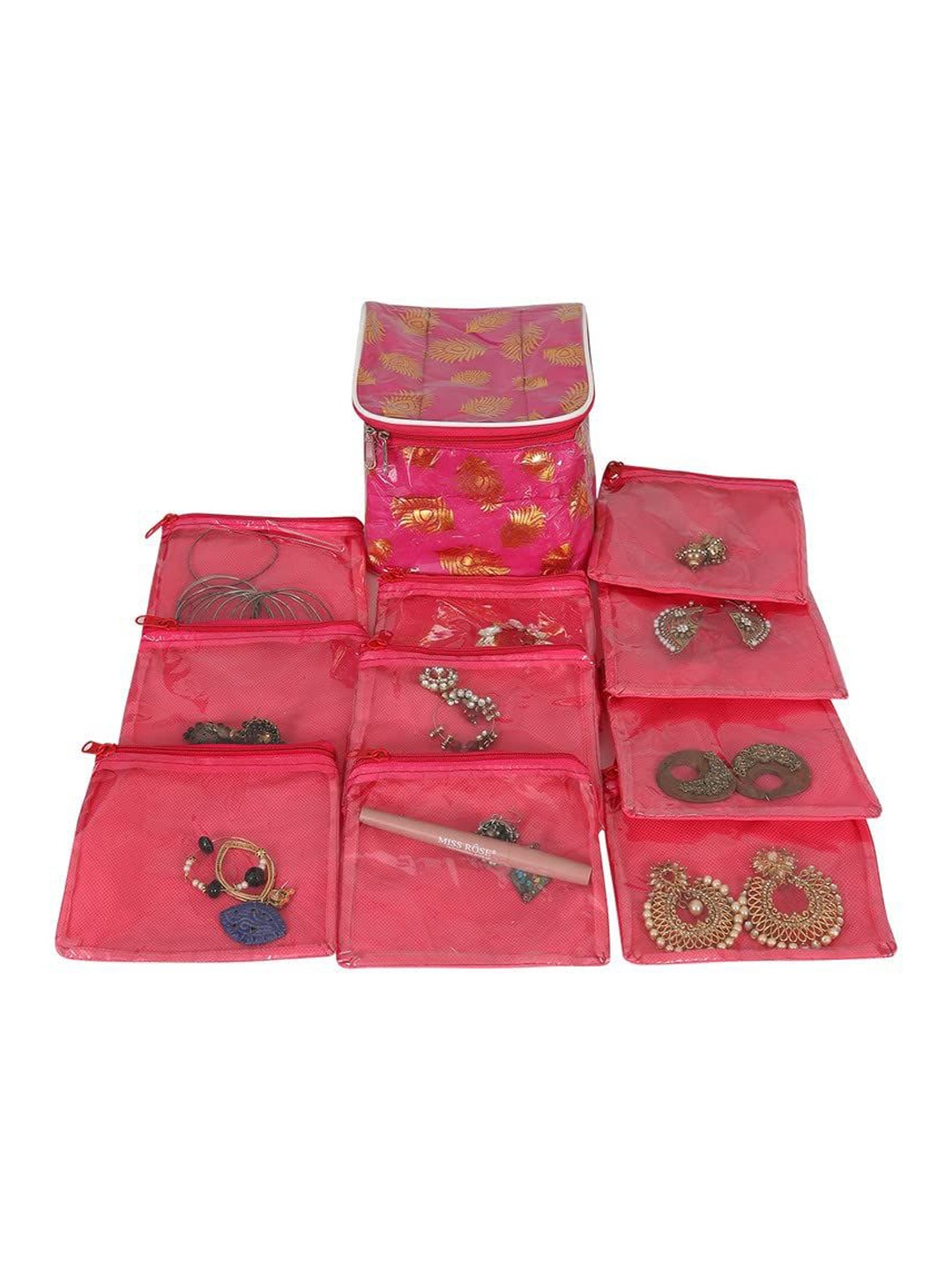 

prettykrafts Pink Printed Reusable Jewellery Kit With 10 Pouch Organiser