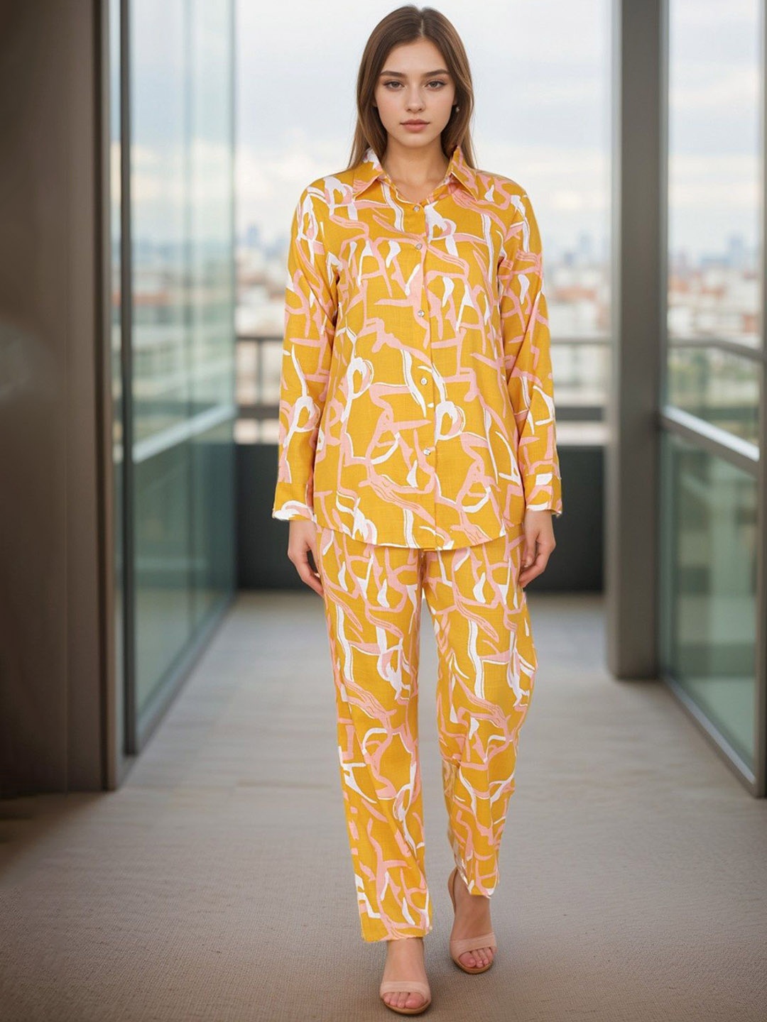 

BAESD Abstract Printed Shirt With Trousers, Yellow