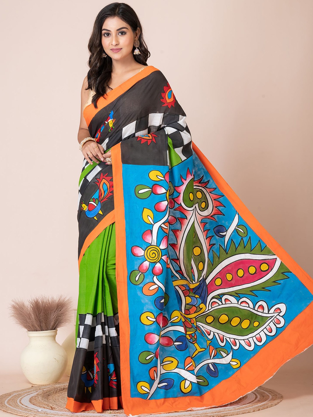 

HOUSE OF ARLI Kalamkari Printed Pure Cotton Saree, Green