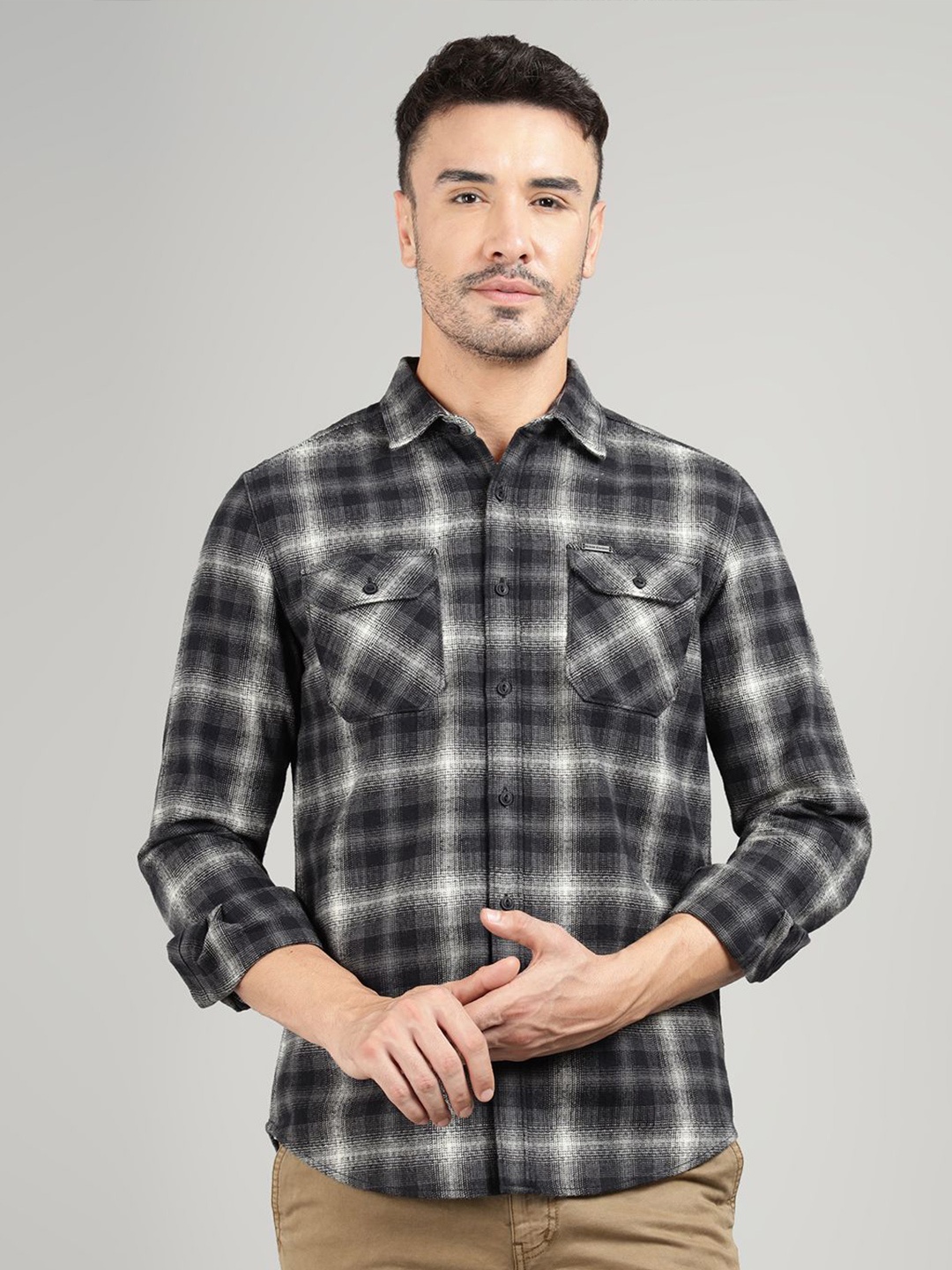 

Royal Enfield Men Spread Collar Tartan Checked Cotton Casual Shirt, Black