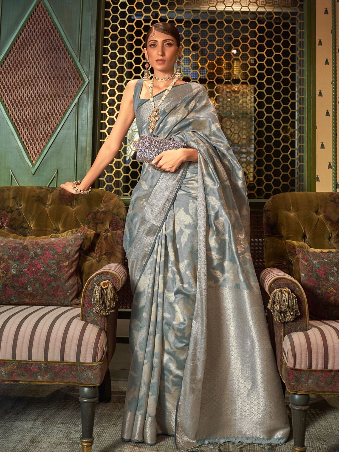

ODETTE Woven Design Zari Saree, Grey