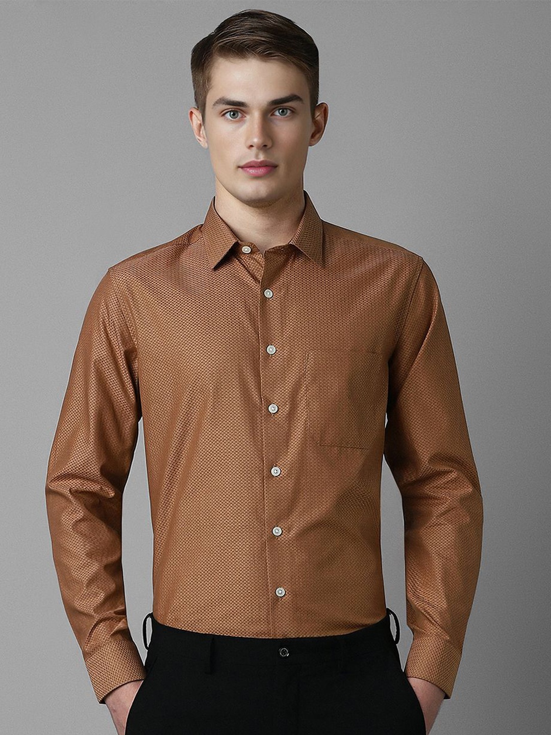 

Louis Philippe Men Spread Collar Solid Cotton Slim Fit Formal Shirt, Brown