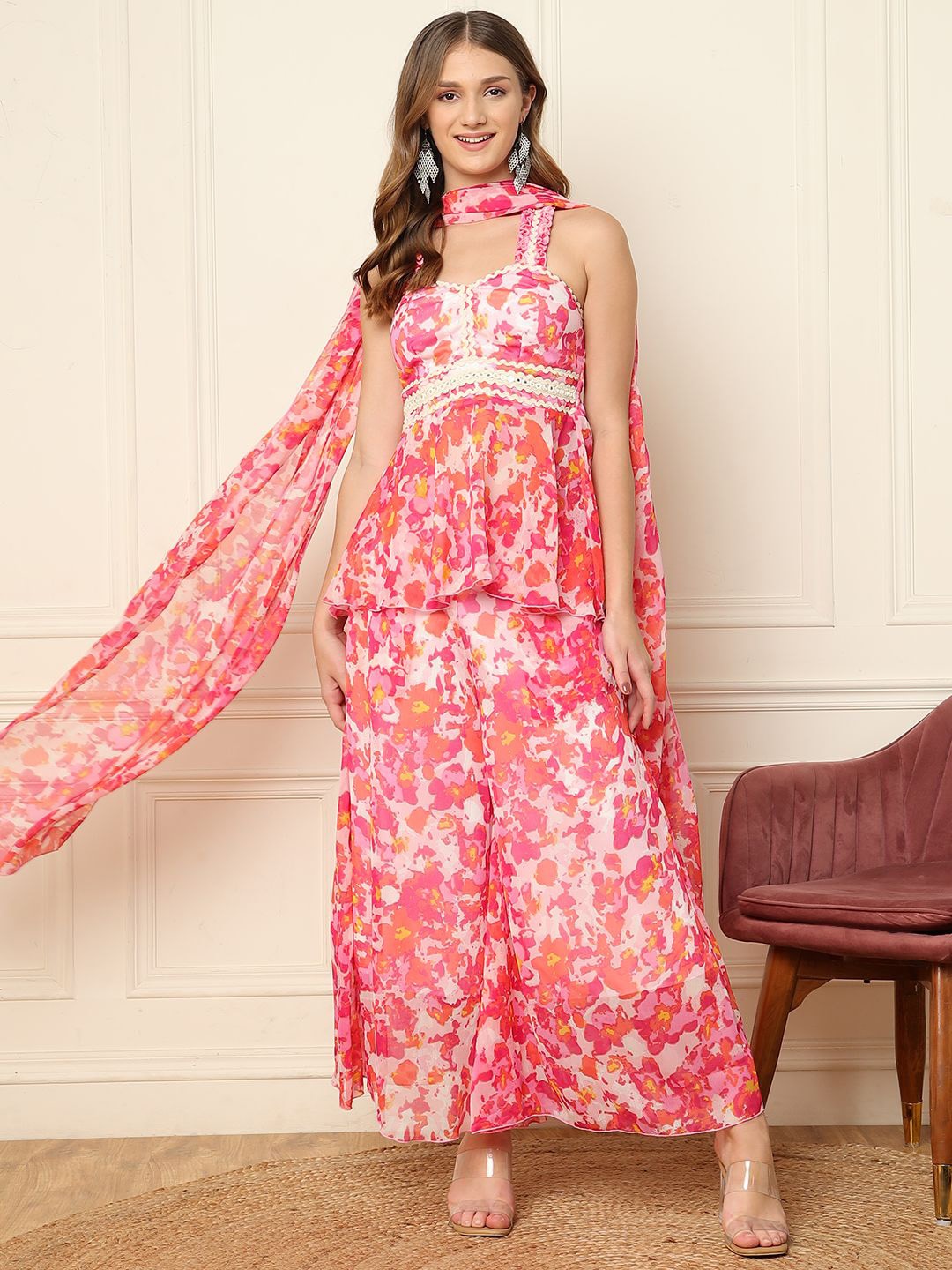 

DEEBACO Floral Printed Top & Palazzo With Dupatta, Pink