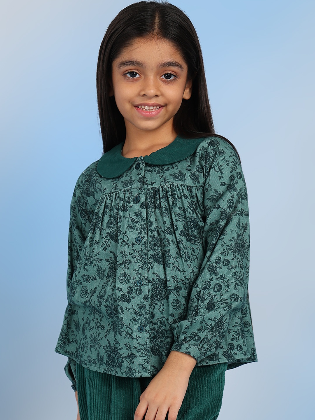 

The Tribe Kids Girls Floral Printed Peter Pan Collar Cotton Top, Green