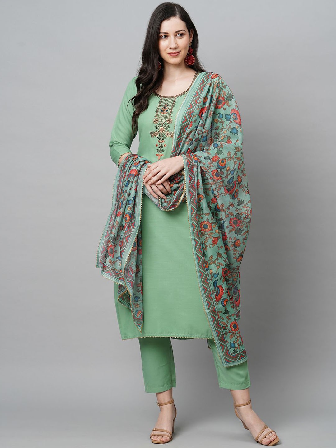 

Anni Designer Floral Yoke Design Thread Work Round Neck Kurta with Trouser & Dupatta, Green