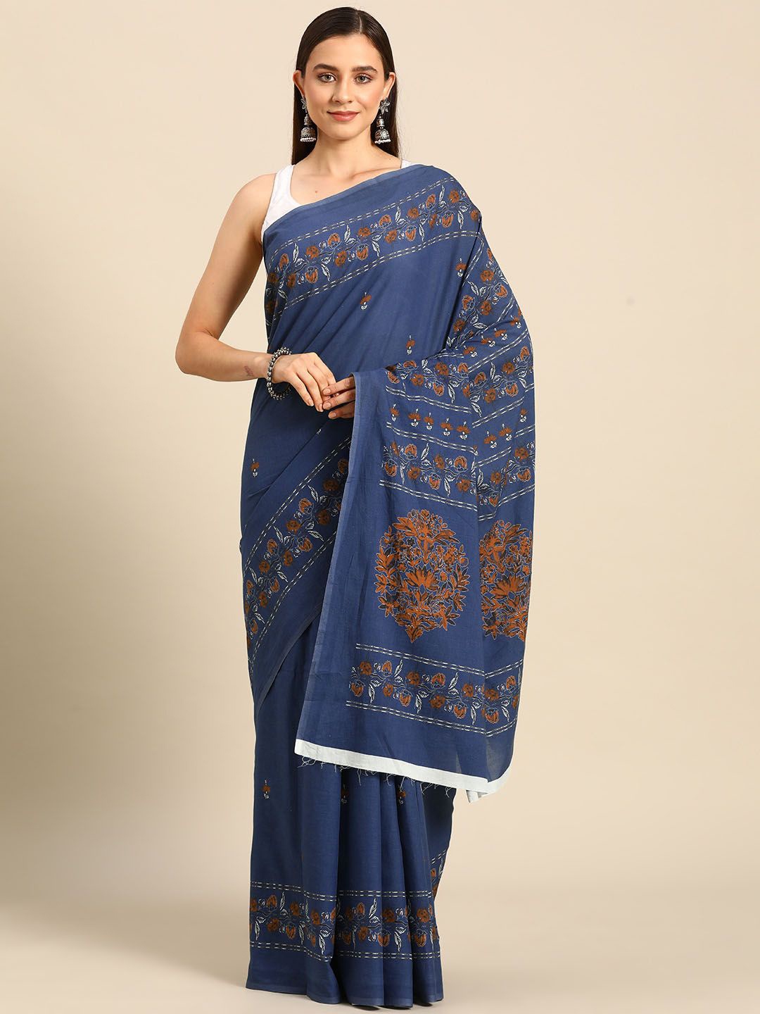 

BUTA BUTI Floral Printed Pure Cotton Saree, Blue