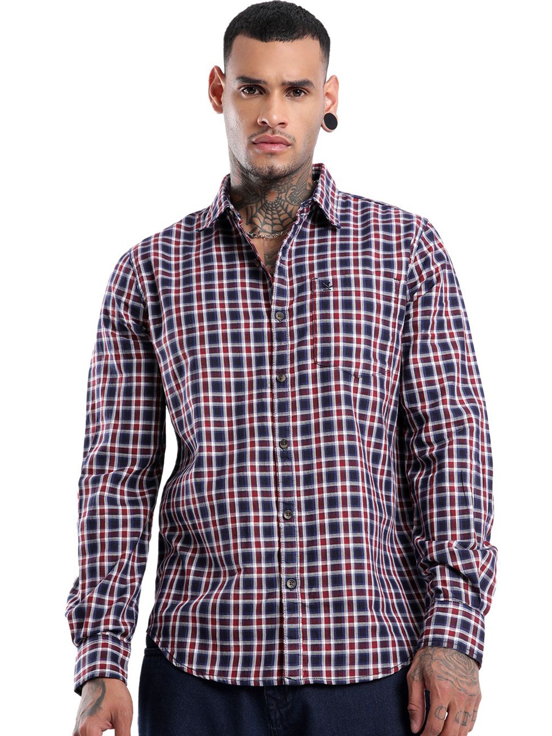 

WROGN Men Spread Collar Checked Cotton Casual Shirt, Blue