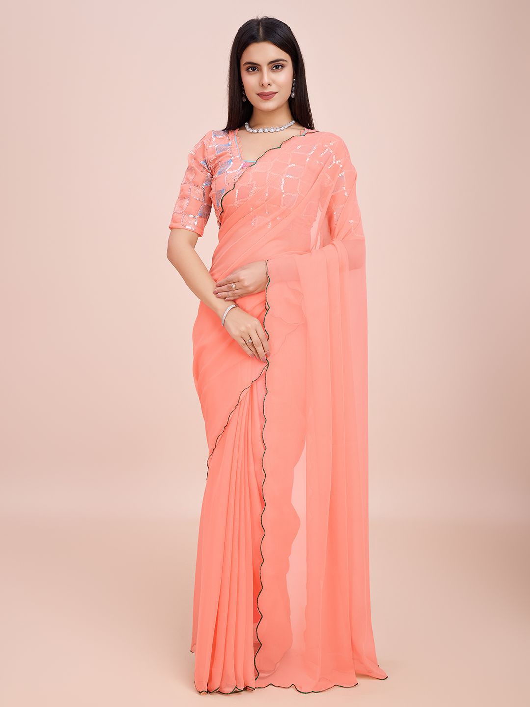 

STYLEELITE Solid Sequence Saree, Peach