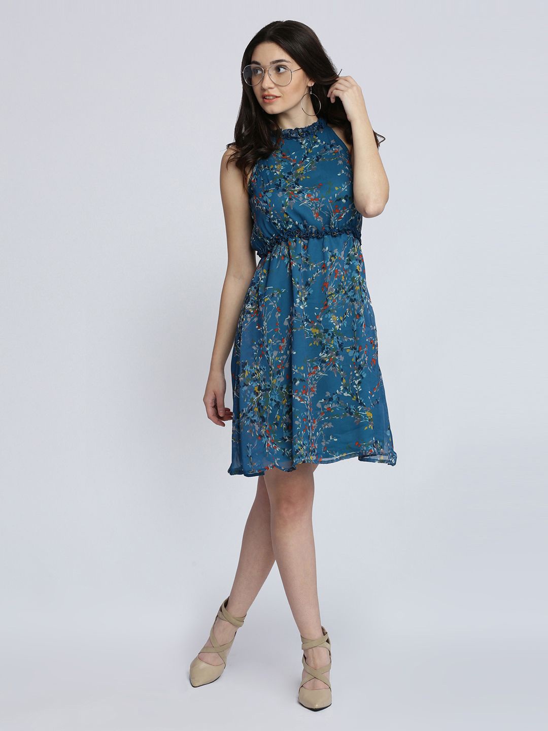 

BAESD Round Neck Sleeveless Floral Ruffled Gathered Knee-Long Skater Dress, Blue