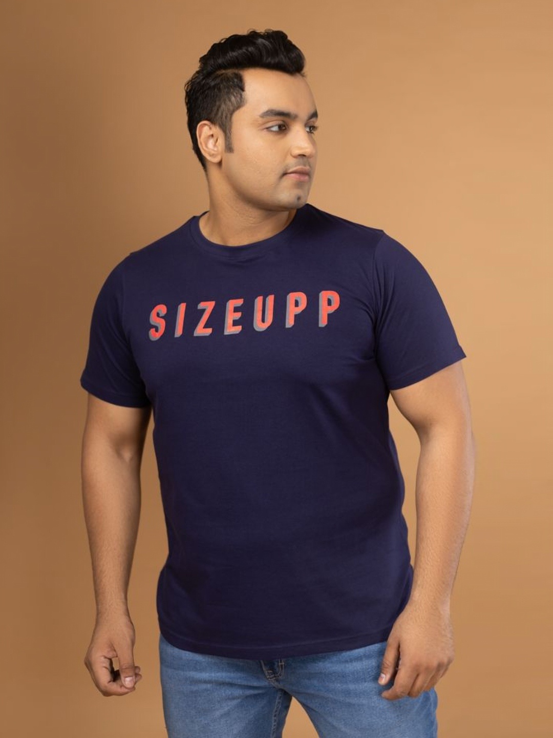 

Sizeupp Men Typography Printed Round Neck Cotton Plus Size T-shirt, Navy blue