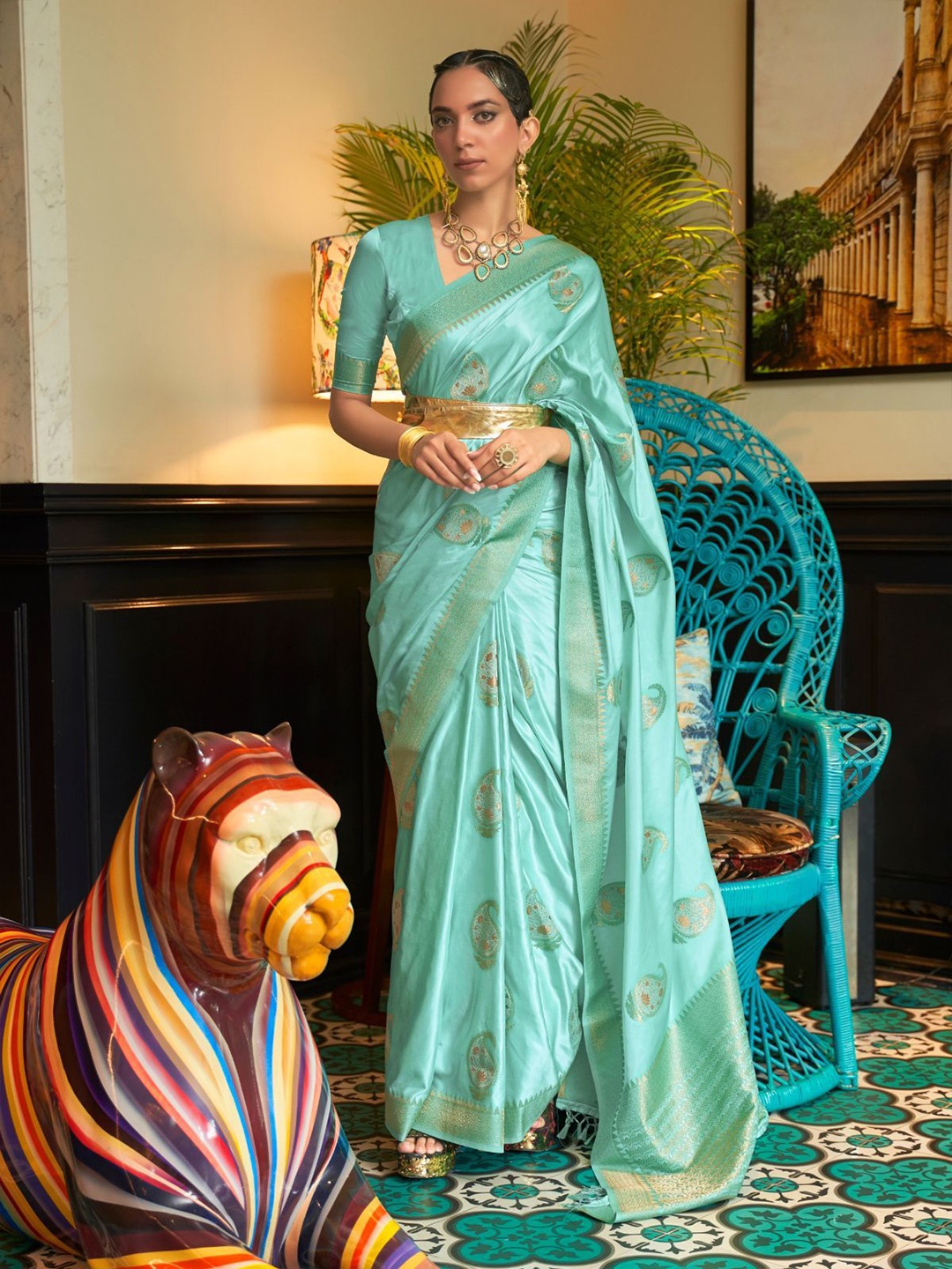 

ODETTE Woven Design Zari Saree, Blue