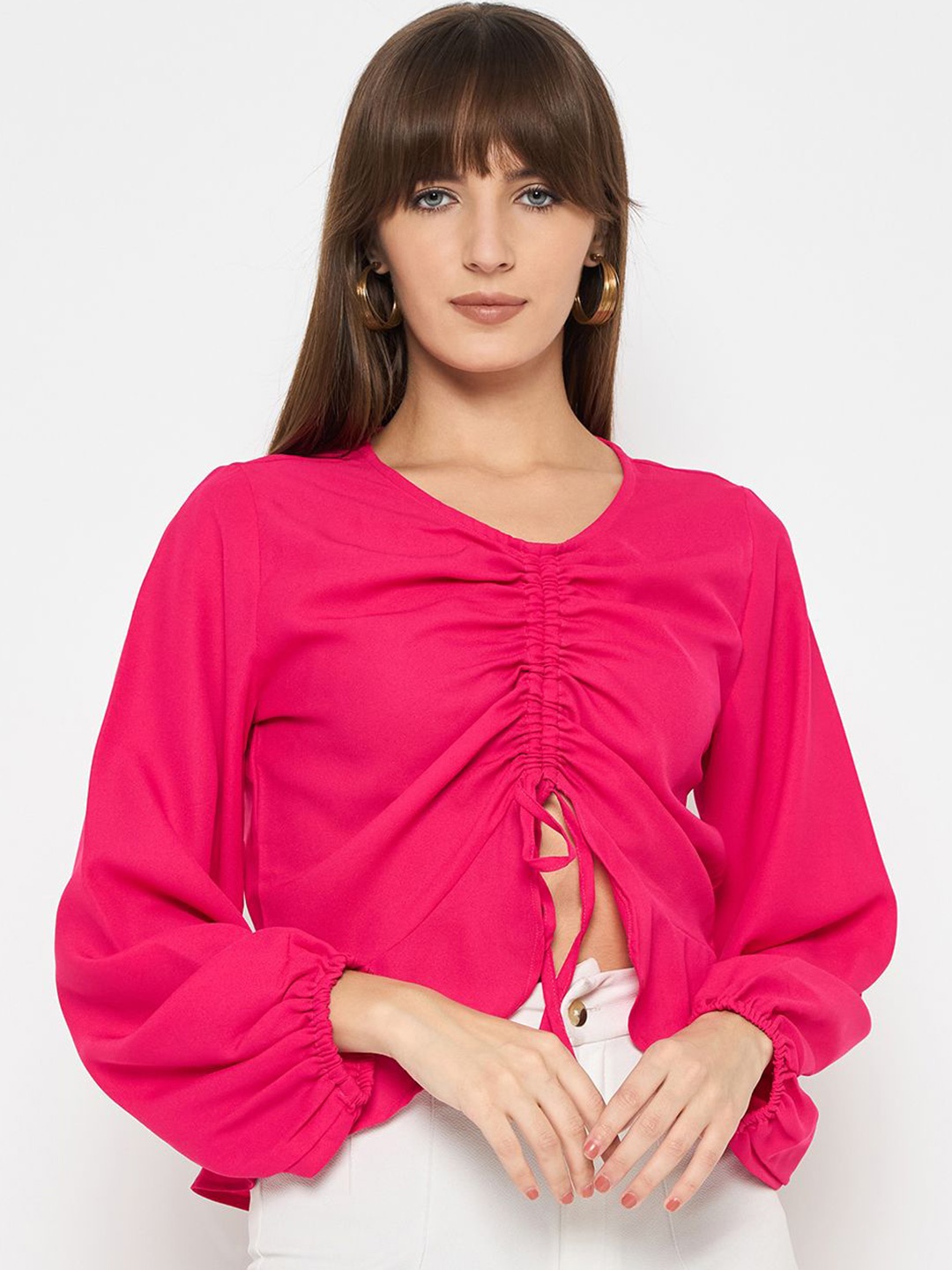 

Ruhaans Women Solid V-Neck Top, Fuchsia