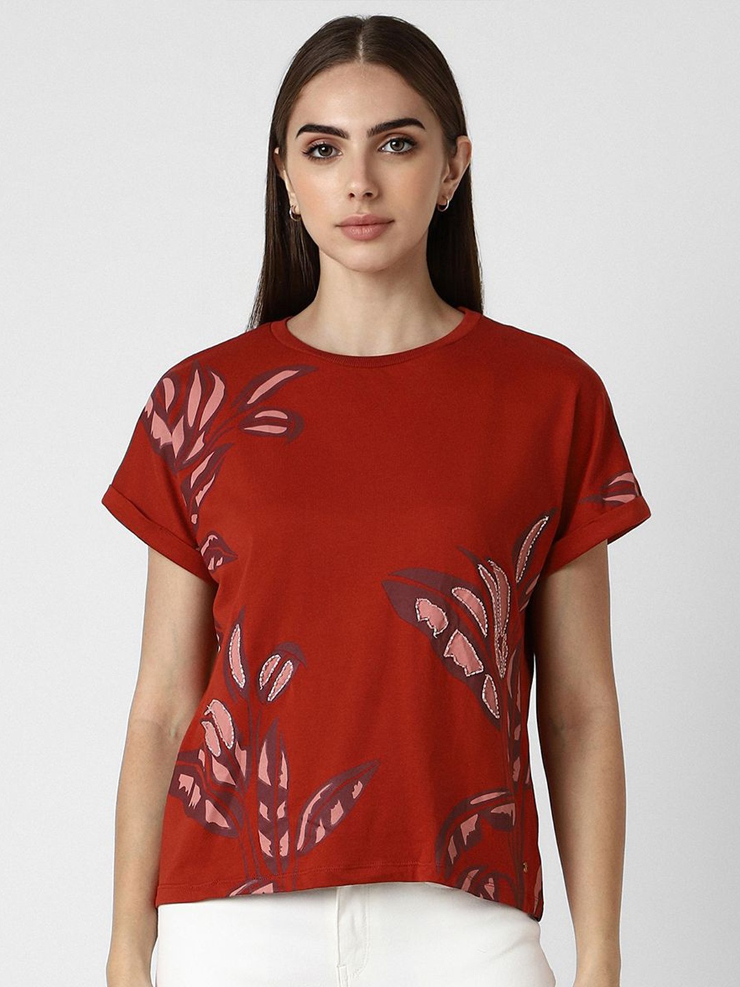 

Van Heusen Woman Floral Printed Round Neck Cotton Top, Maroon