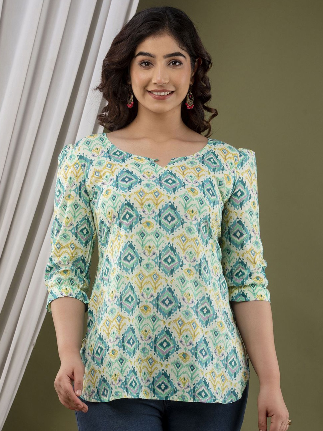 

NITVAN Women Ethnic Motifs Printed Round Neck Cotton Top, White