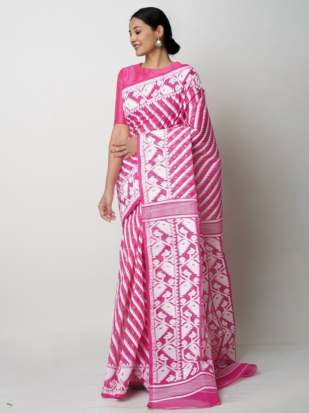 

Unnati Silks Woven Design Pure Cotton Handloom Jamdani Saree, Pink