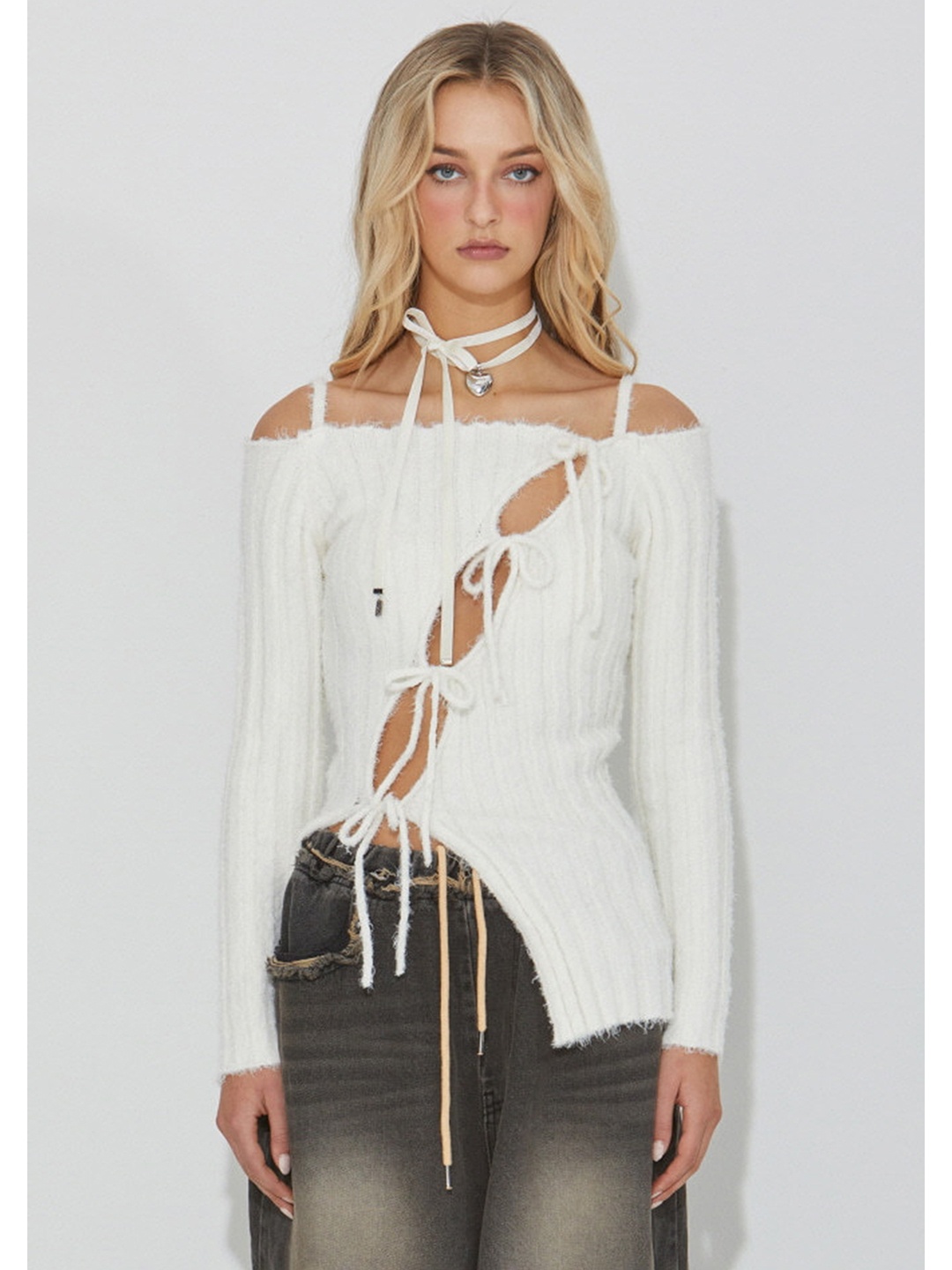 

LULU & SKY Women Self Design Shoulder Straps Acrylic Top, White