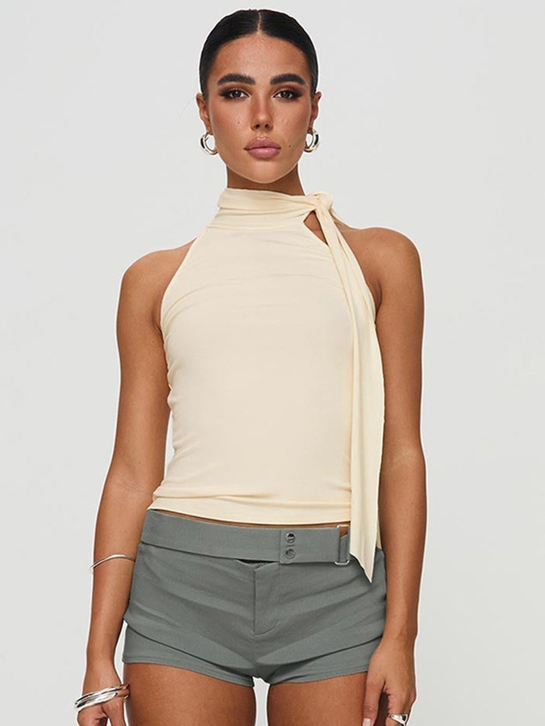 

LULU & SKY Women Solid High Neck Top, Beige