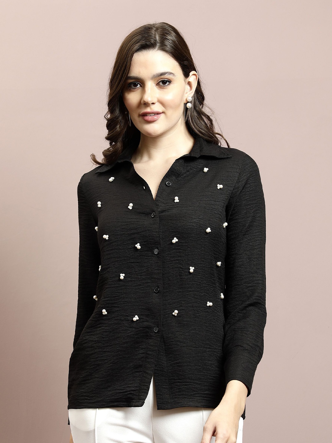 

Athena Women Embellished Shirt Collar Linen Top, Black
