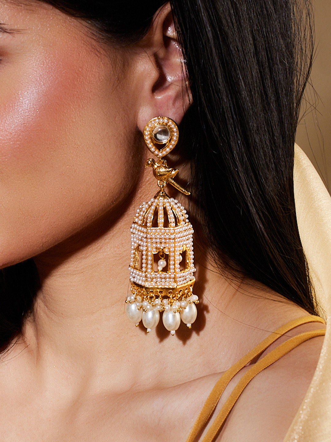 

Mirraw Gold-Plated Stones Studded & Pearls Dome Shaped Jhumkas