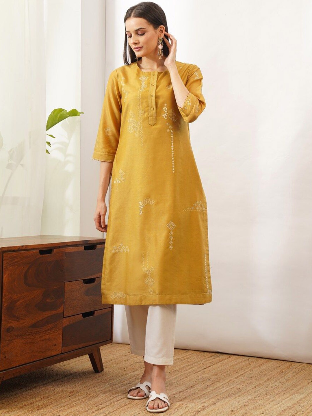

JAYPORE Ethnic Motifs Printed Kantha Work Cotton Silk Kurta, Yellow