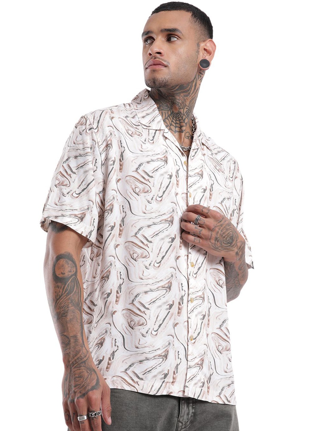 

WROGN Men Cuban Collar Abstract Printed Casual Shirt, White