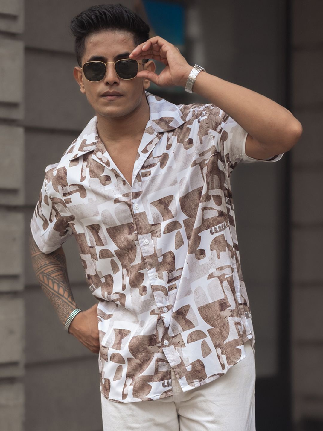 

Powerlook Men Cuban Collar Graphic Printed Casual Shirt, White