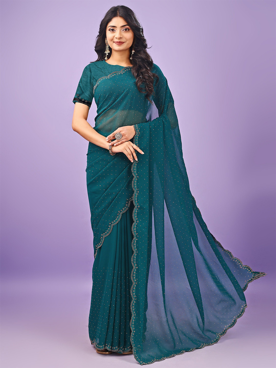 

Leelavati Embellished Beads and Stones Poly Chiffon Saree, Teal
