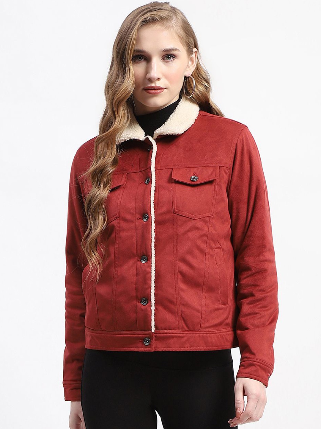 

Madame Women Spread Collar Faux Fur Trim Tailored Jacket, Rust