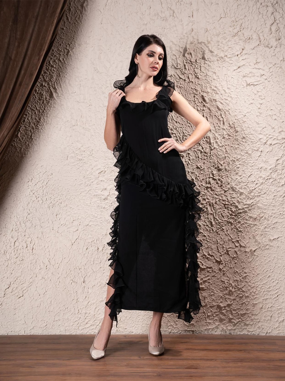 

Sacai Ruffled Georgette Sheath Maxi Dress, Black