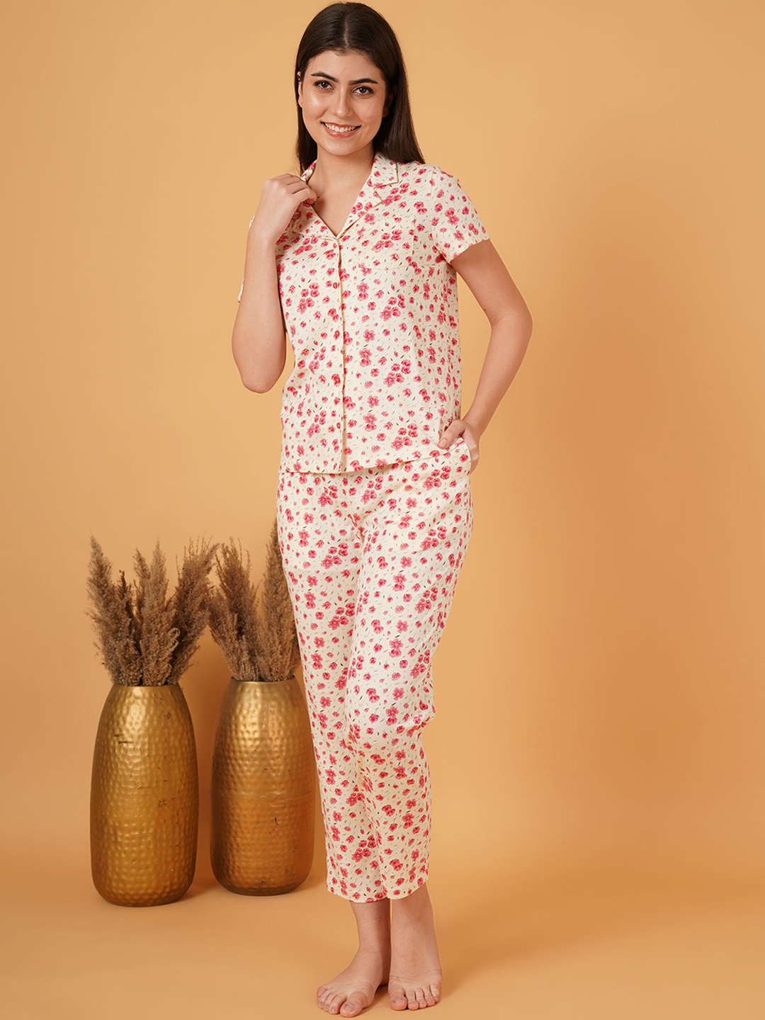 

HOUSE OF KKARMA Women Printed Night suit, Cream