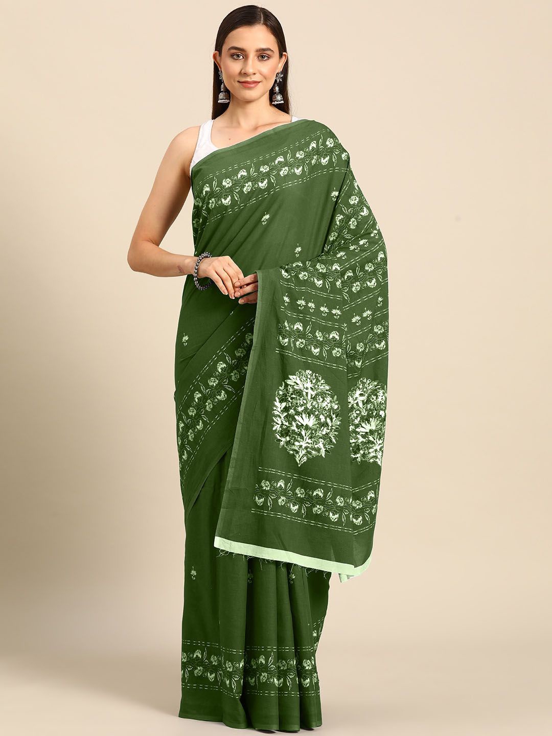 

BUTA BUTI Floral Printed Pure Cotton Saree, Green