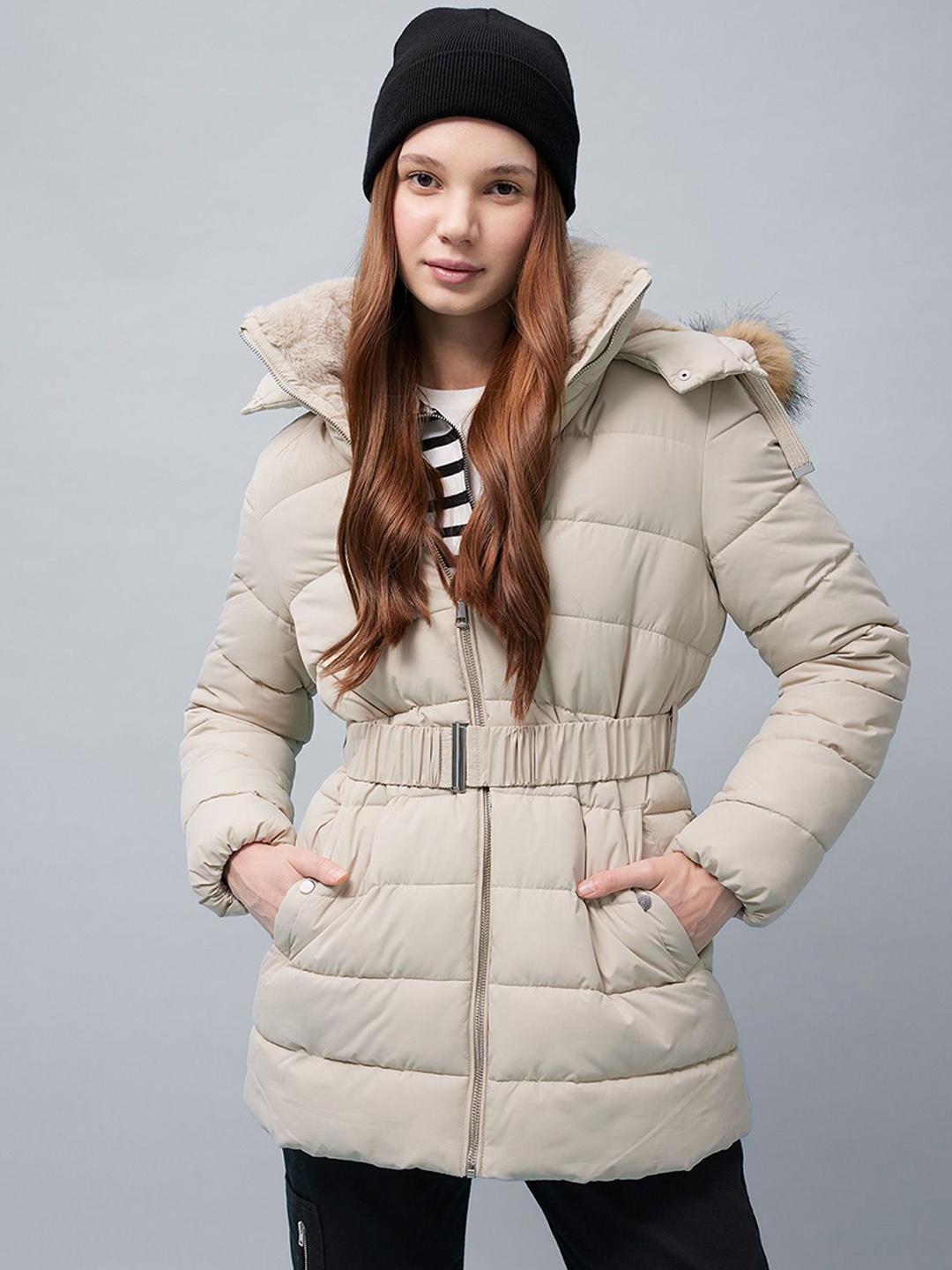 

DeFacto Women Colourblocked Longline Padded Jacket with Patchwork, Na