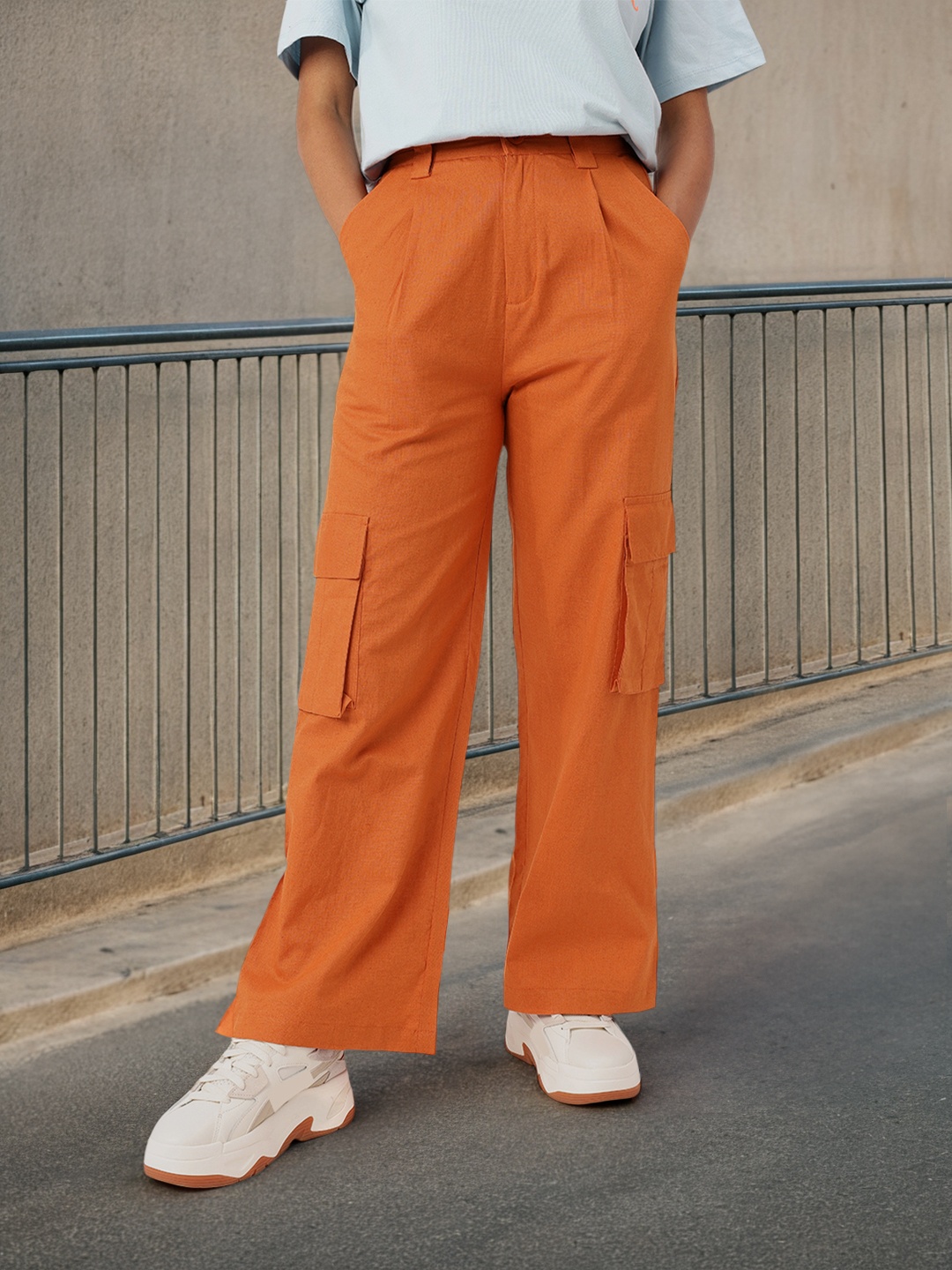 

Kook N Keech Women Urban Street High-Rise Pleated Straight Fit Trouser, Orange