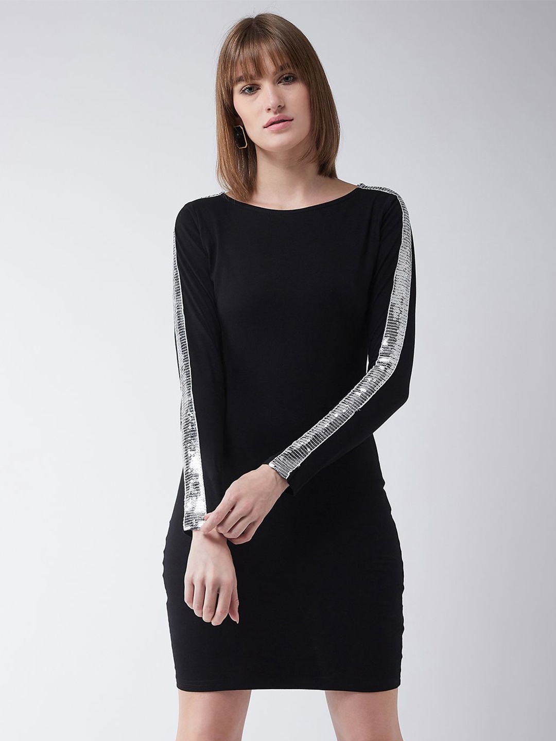 

BAESD Round Neck Full Sleeves Bodycon Dress, Black