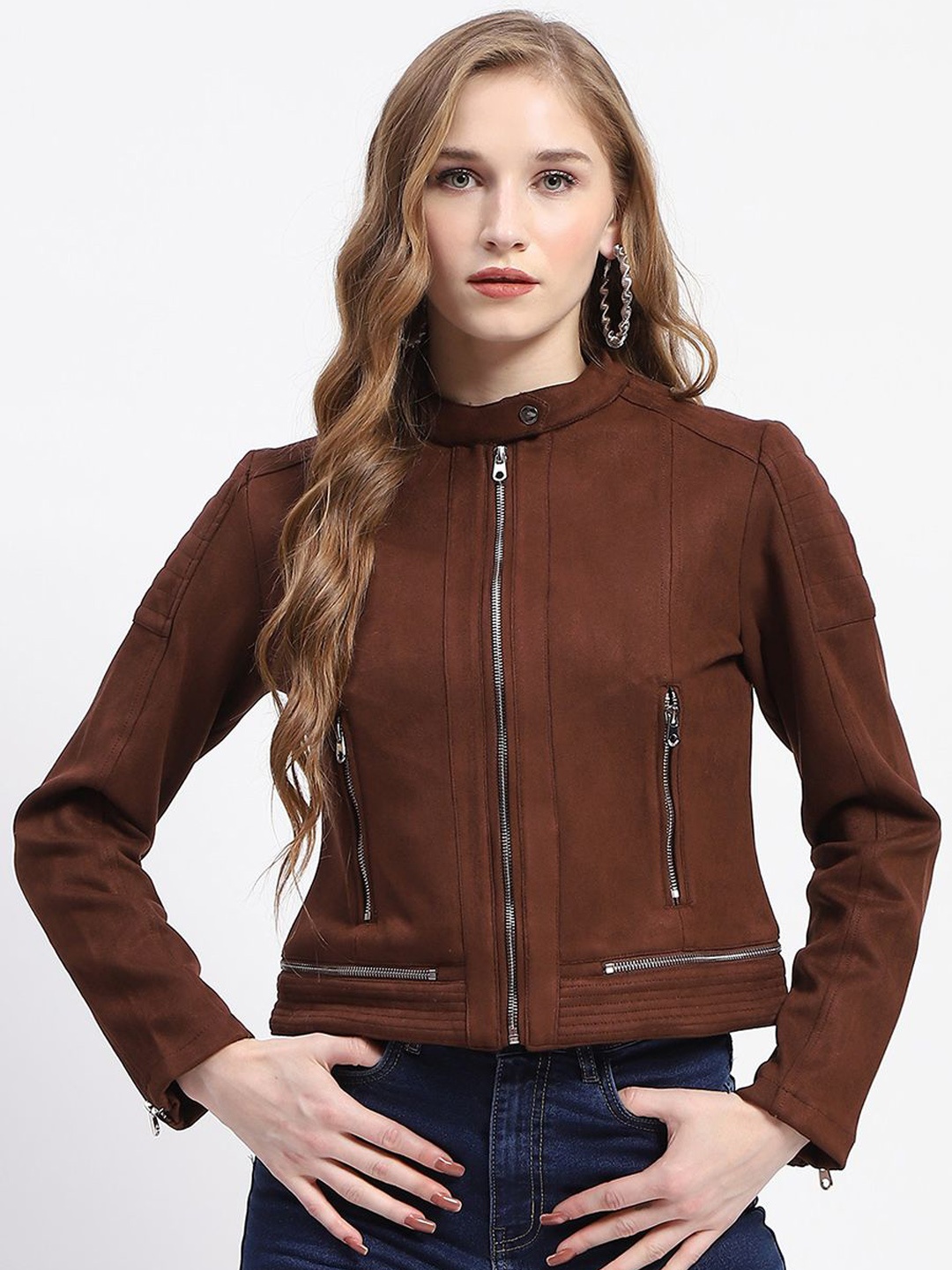 

Madame Women Mock Collar Crop Biker Jacket, Brown