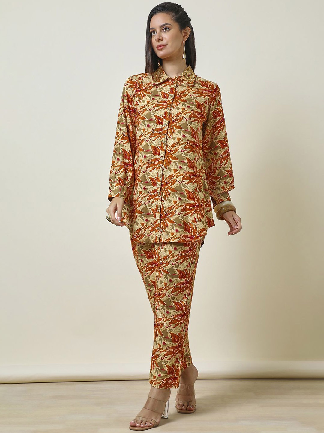 

Soch Beige Paisley Printed Beads and Stones Party Shirt With Trousers