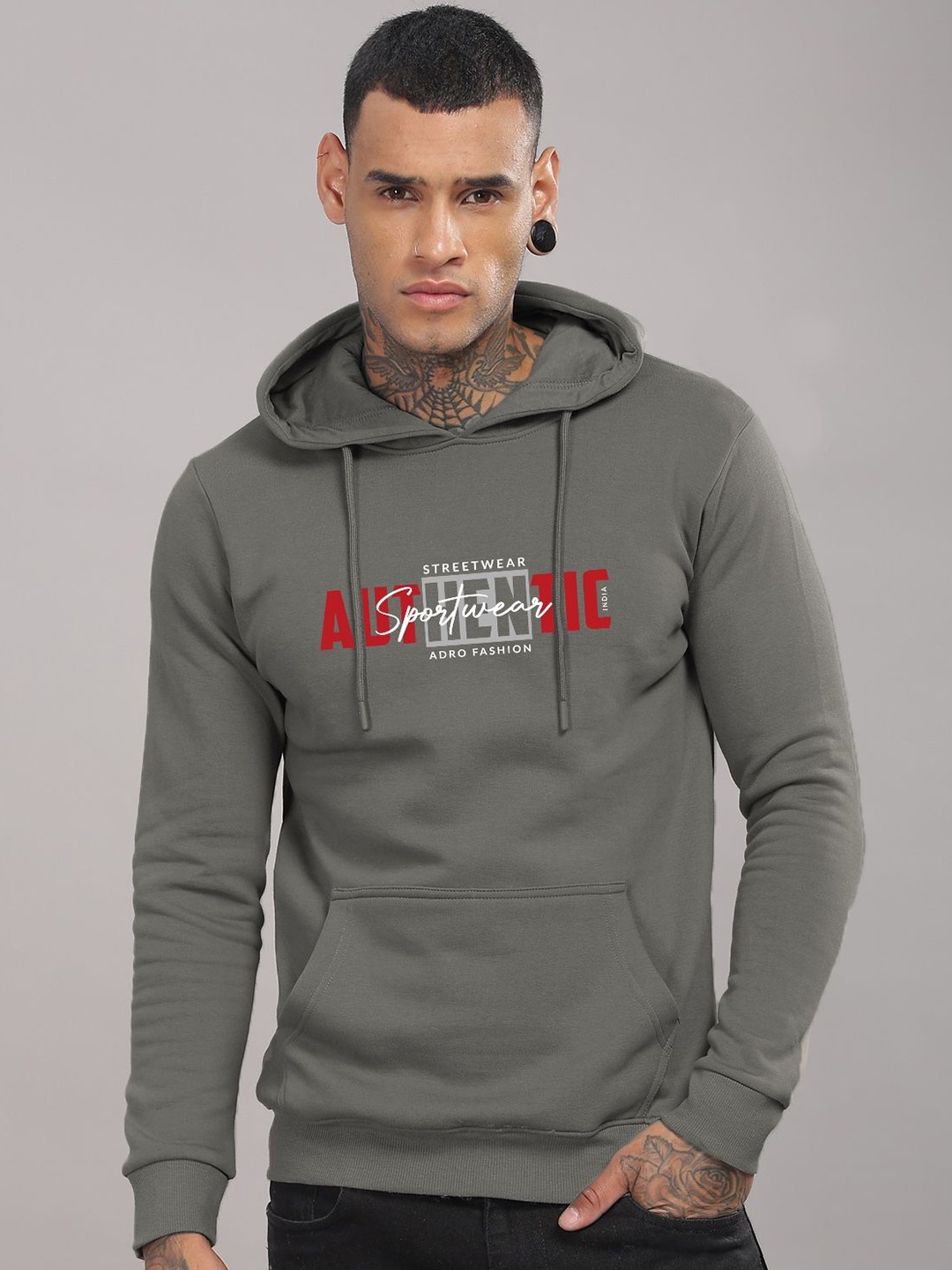 

ADRO Men Cotton Graphic Printed Long Sleeves Hooded Sweatshirt, Grey