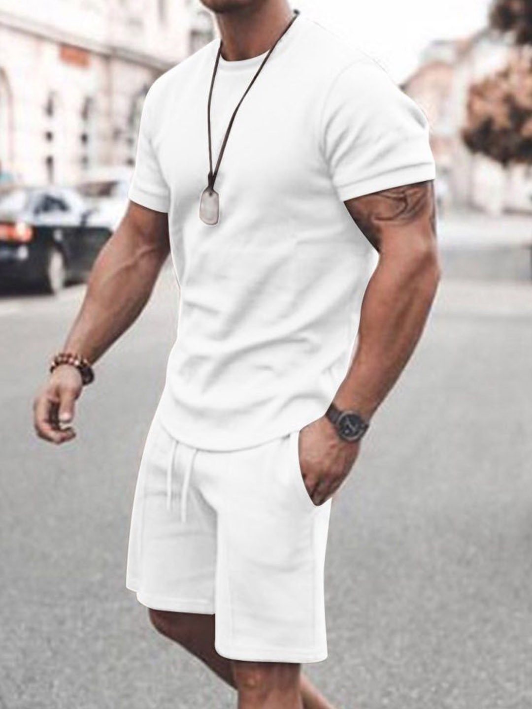 

StyleCast White Round Neck T-shirt & Shorts