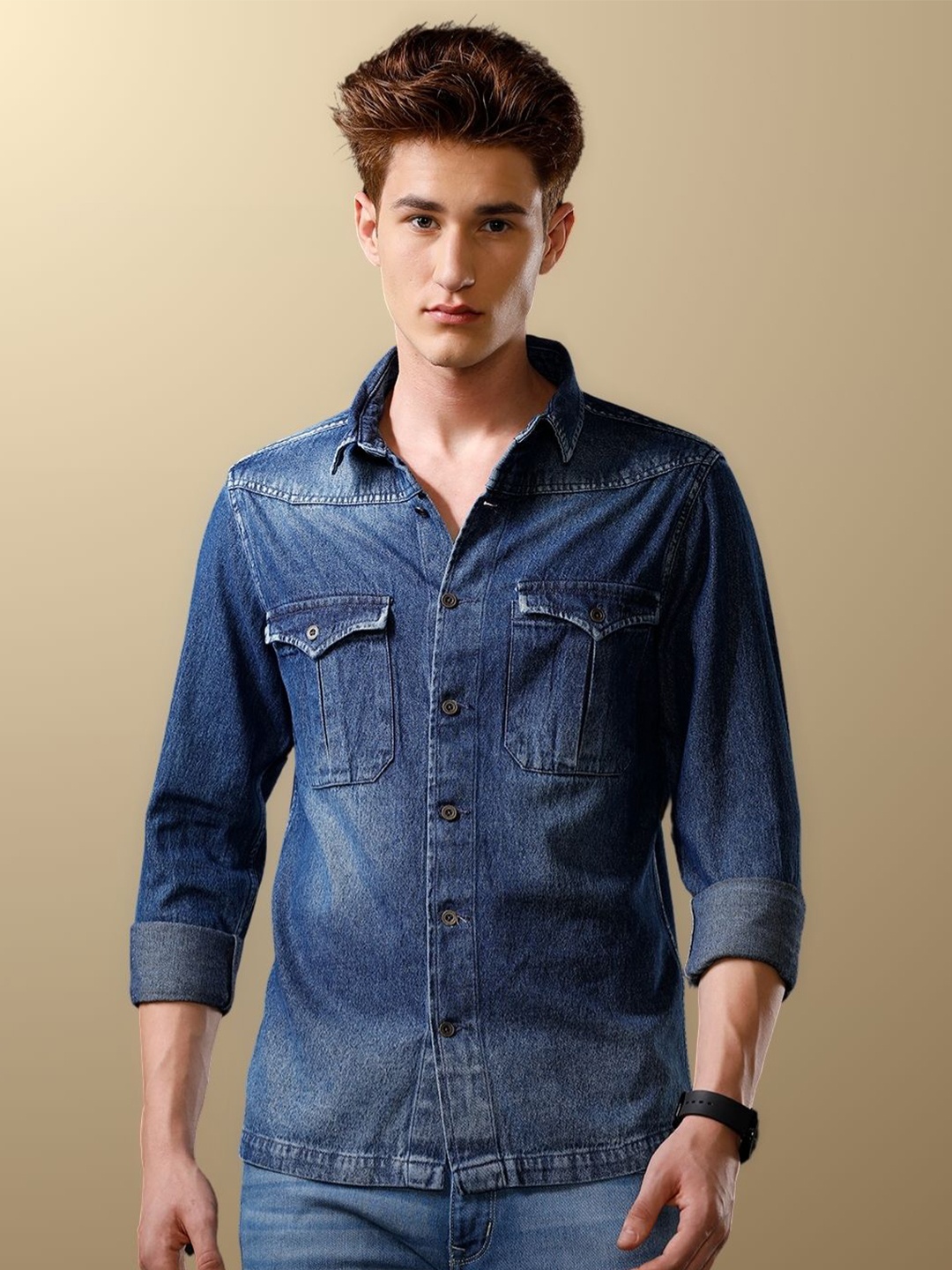 

TEMPLE OF DENIM Men India Slim Cutaway Collar Solid Denim Casual Shirt, Blue