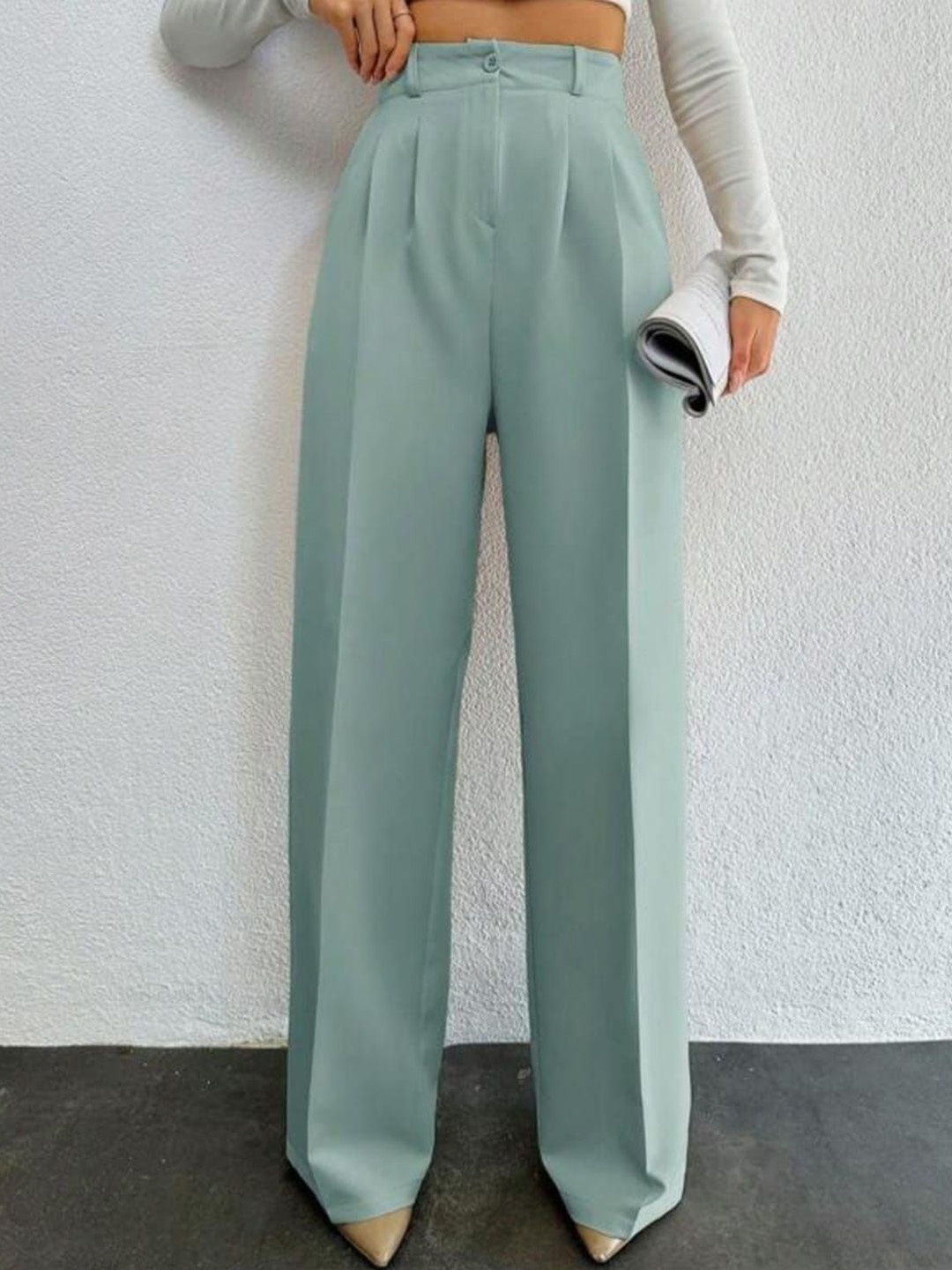 

Next One Women High-Rise Pleated Korean Trousers, Green