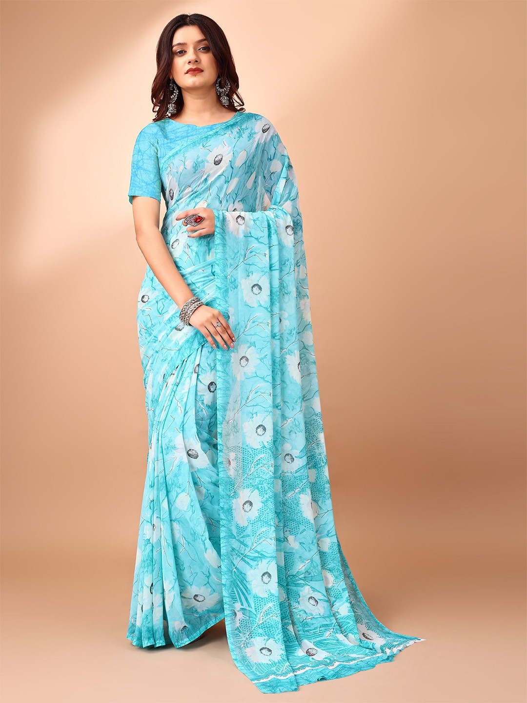 

Leelavati Floral Poly Chiffon Saree, Turquoise blue
