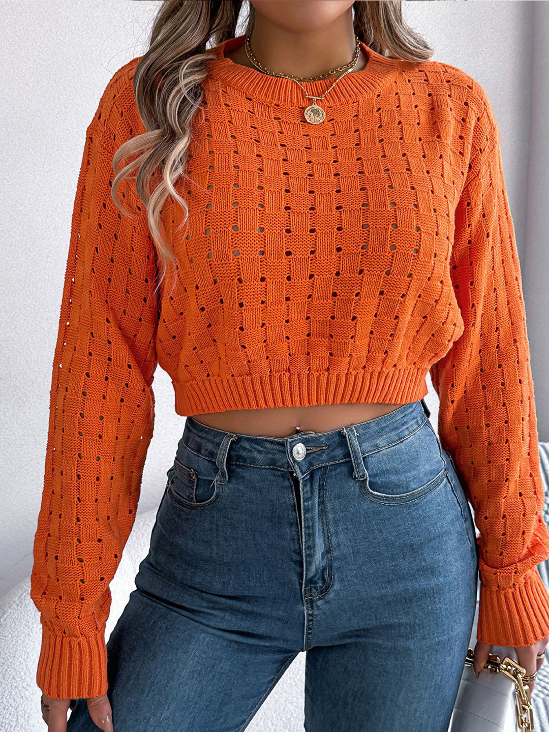 

StyleCast x Revolte Women Self Design Cable Knit Crop Pullover, Orange