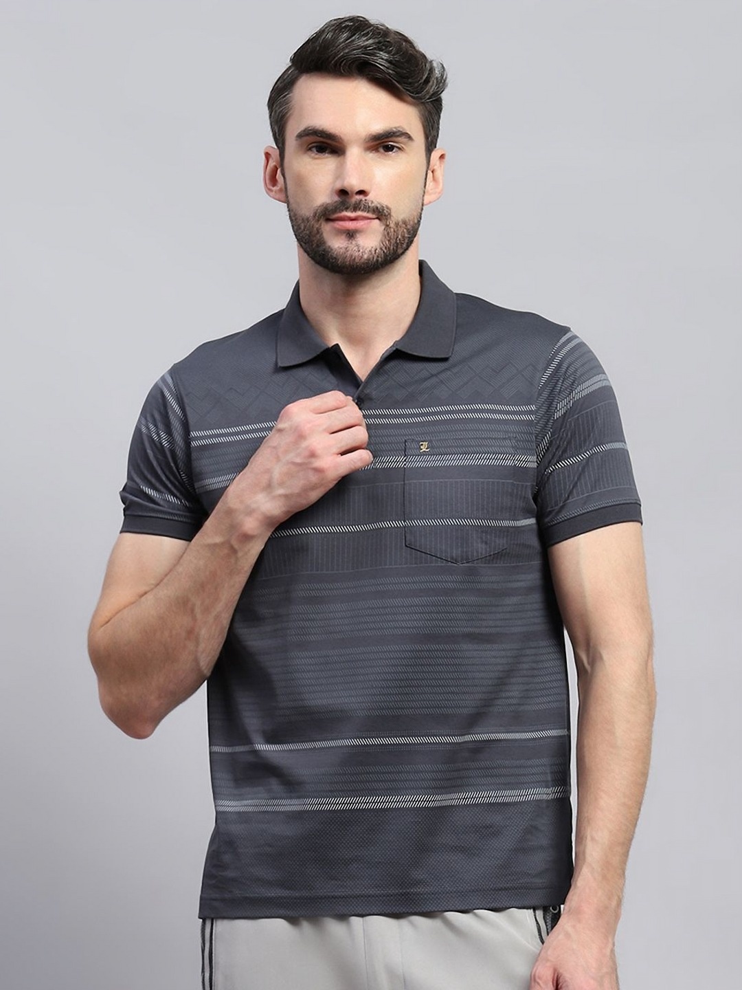 

Monte Carlo Men Self Design Polo Collar Cotton T-shirt, Grey