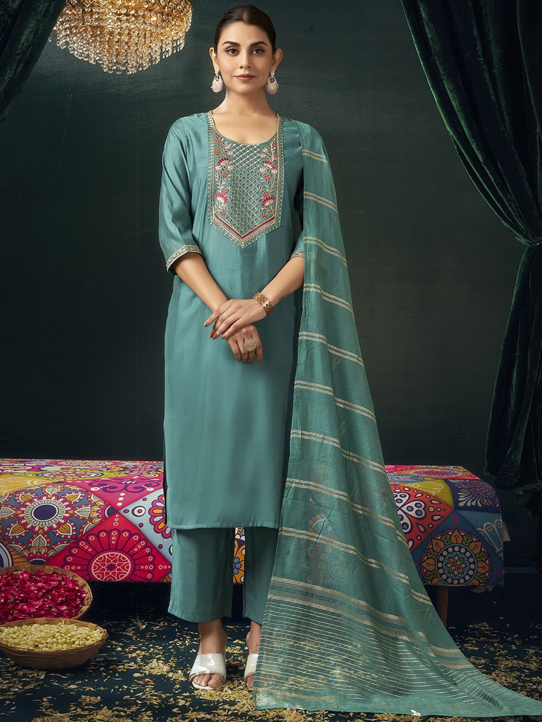 

SKYLEE Sea Green Embroidered Yoke Design Thread Work Kurta With Trousers & Dupatta
